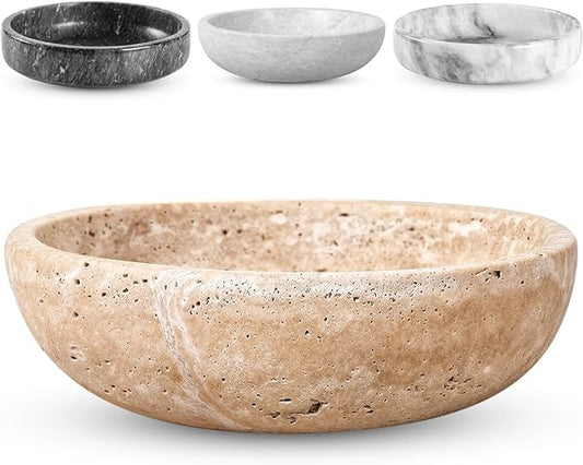 Travertine Decorative Bowl - 7.8” Diameter & 2” Height - Key Bowl for Entryway Table - Travertine - Organic Modern Centerpiece - Beige/Natural