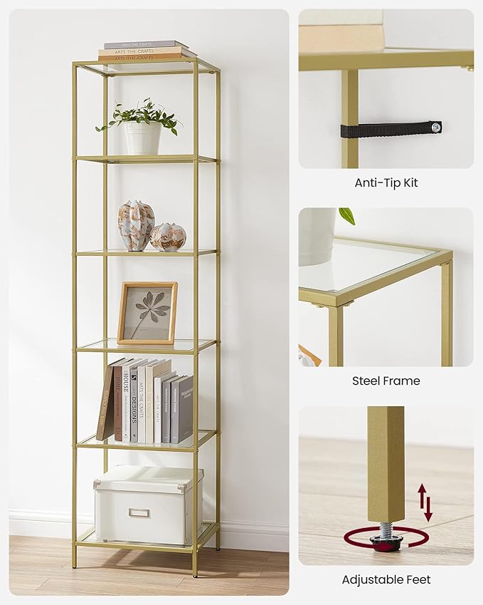 VASAGLE Bookcase, 6-Tier Bookshelf, Slim Shelving Unit for Bedroom, Bathroom, Home Office, Tempered Glass, Steel Frame, Metallic Gold ULGT500A01