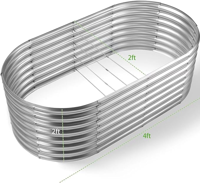 Land Guard 24“ Tall Galvanized Raised Garden Bed Kit, Galvanized Planter Garden Boxes Outdoor, Oval Large Metal Raised Garden Bed for Vegetables (Classic Silver, 4×2×2ft)