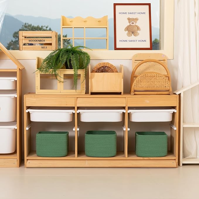 OIAHOMY 9”x9”x7” Storage Cubes, Cotton Rope Woven Baskets for Organizing, Cube Storage Bin, Small Gift Basket for Shelf, 3-Pack, Green