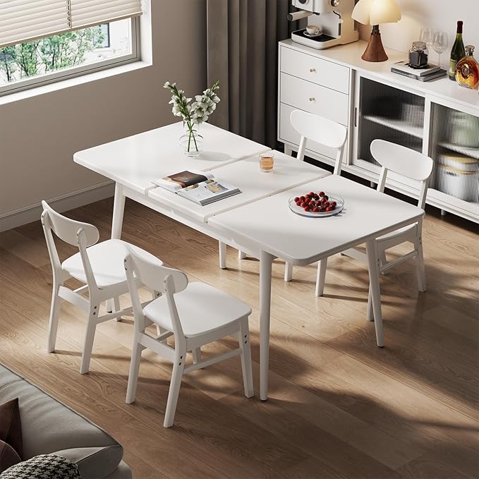 Solid Wood Extendable Dining Table for 4-8 People with Seamless Extension from 47.2 to 63 Inches, Easy Assembly, Expandable Tables for Small Spaces, Dining Room, Kitchen, Living Room, White