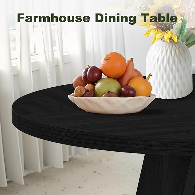 NicBex 47-Inch Round Dining Table for 4, Farmhouse Dinner Table Small Farmhouse Kitchen Tables with Wood Pedestal Base for Dining Room, Kitchen, Living Room, Black