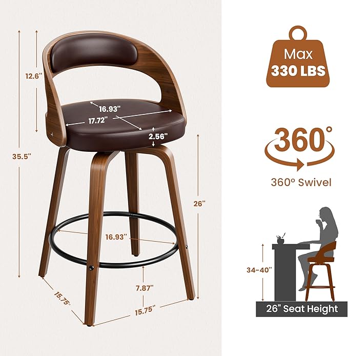 Bar Stools Set of 1, 26" Counter Height Barstools with Bentwood Legs, Swivel Counter Stools with Back, Mid Century Modern Faux Leather Upholstered Bar Chairs for Kitchen Island, Brown
