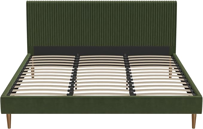 Mr. Kate Daphne Upholstered Bed with Vertical Channel Tufted Headboard, King, Olive Green Velvet