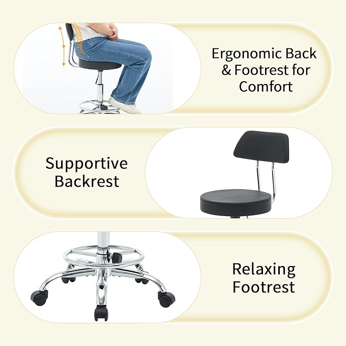 Rolling Stool with Back,Adjustable Height Foot Rest Rolling Salon Chair 19.5"-26.6",Black Ergonomic Stool (Black)