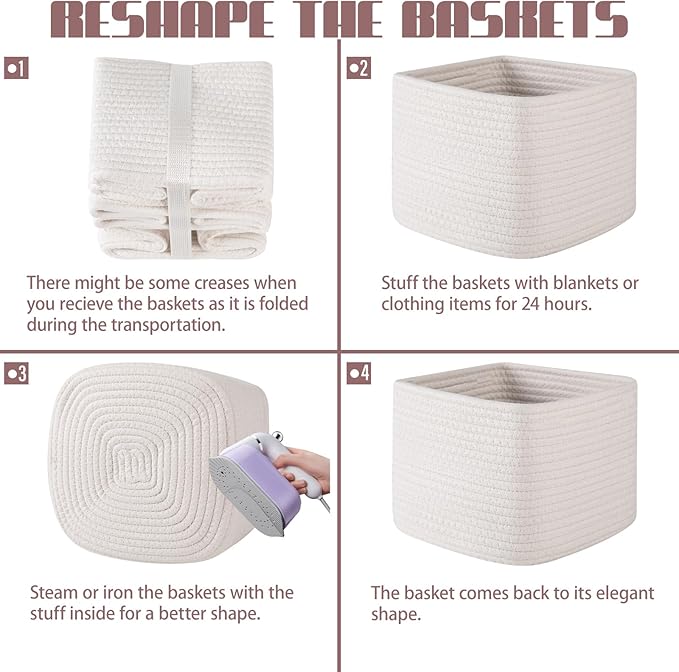 OIAHOMY 9”x9”x7” Storage Cubes, Cotton Rope Woven Baskets for Organizing, Cube Storage Bin, Small Gift Basket for Shelf, 3-Pack, White