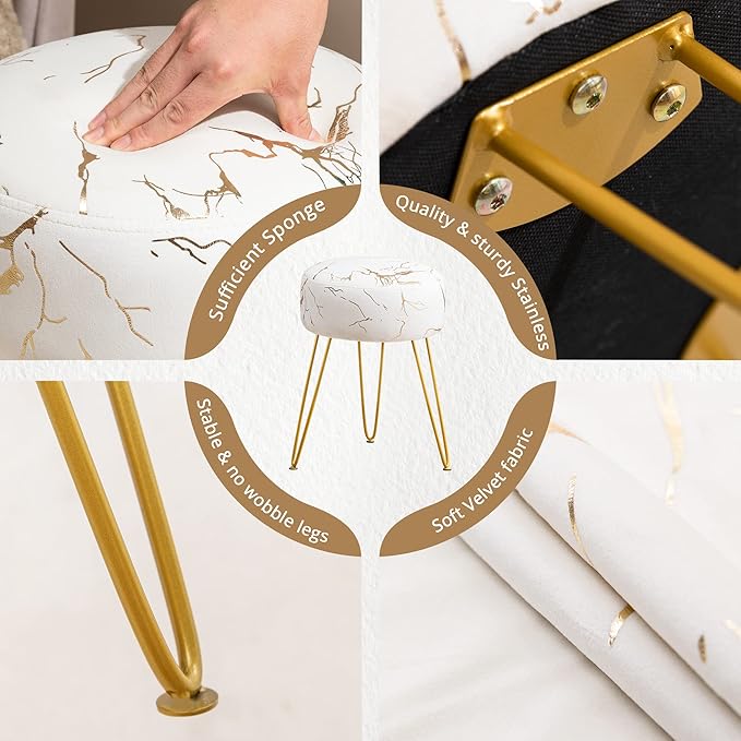 LUE BONA Vanity Stool, Gold Vanity Stools for Makeup Room, Round Ottoman Foot Stool, Velvet Footrest Vanity Chair for Bathroom Vanity, Bedroom, Living Room, Entryway, Offices