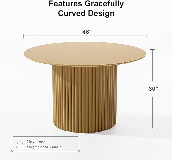 Casaphoria 46" Round Dining Table, Modern Kitchen Table for 4-6, Farmhouse Style with Undercut Edge Top & Concave Cylinder Legs, Easy Assembly for Living Room, Kitchen, Bar, Natural Wood