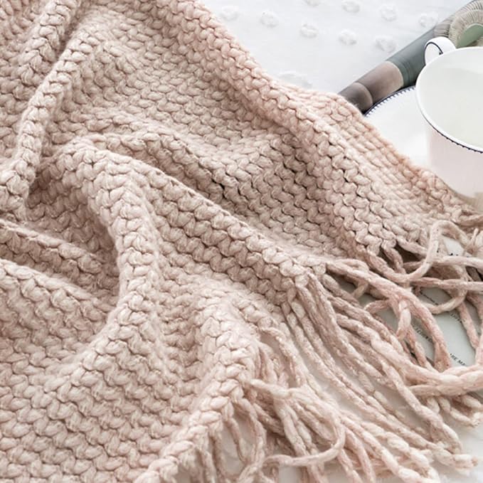 Blagic Knitted Throw Blanket for Couch,Soft Farmhouse Throw Blanket with Tassels,Home Decorative Lightweight Throw Blankets,Throws for Bed/Chair/Sofa,Wheat Textured (Light Pink & White,50" W x 60" L)
