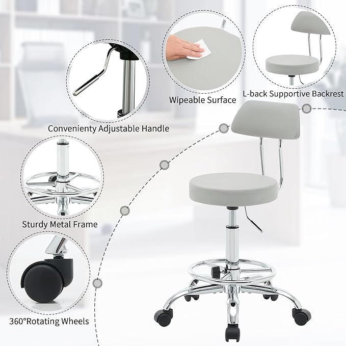 Drafting Stool (Height Adjustable Office Chair with Footrest 19.5"-26.6")(Drum Stool with Back) Space Saving Tattoo Chair (Gray)