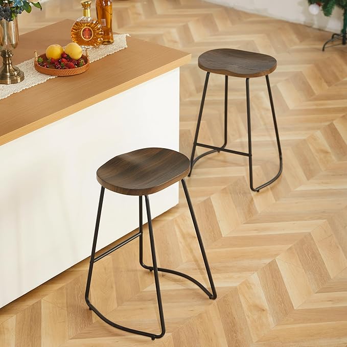 HeuGah Bar Stools Set of 3, Counter Height Saddle Seat Wood Bar Stools, 26" Backless Barstool for Kitchen Island, Brown Bar Chairs Easy to Assemble (Brown, 3 PCS 26Inch Counter Chair)