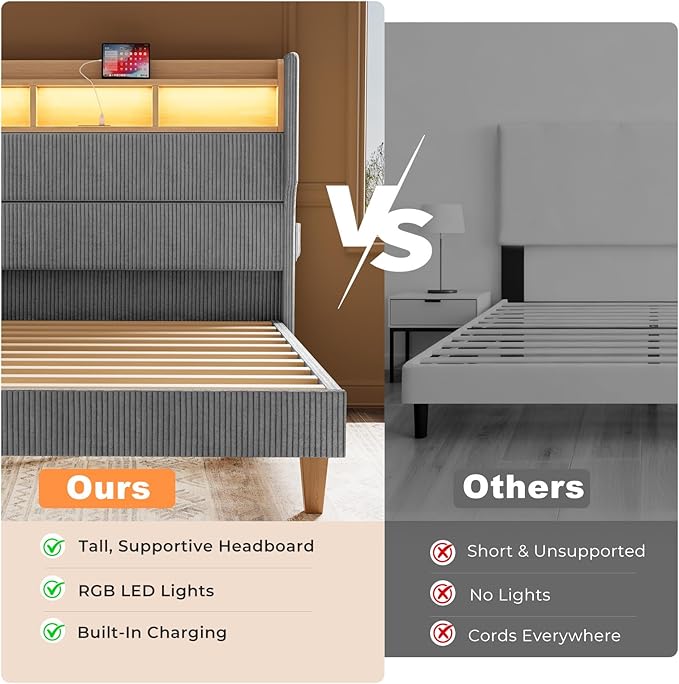 Queen Size Bed Frame with 51" Tall Corduroy Wingback Headboard and Storage Shelf, Upholstered Platform Bed with LED Lights & Charging Station, No Box Spring Needed, Easy Assembly, Grey