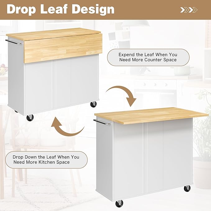 Shintenchi Kitchen Island with Folding Drop Leaf, Rolling Island Table with Storage, Kitchen Cabinet on Wheels with Seating Area for Kitchen, Bar Cart with Cabinet, White