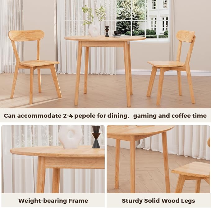 DELAVIN 31.5" Solid Wood Round Dining Table for 4, Farmhouse Small Kitchen Table for 2-4, Modern Office Table for Home Kitchen Apartment, Easy Assembly, Space Saving, Natural