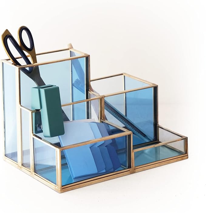 5-Compartment Desk Organizer for Home Office Supplies, Gold Brass with Blue Glass, Workspace Storage for Stationery, Cosmetic, Makeup Tools and Brush.