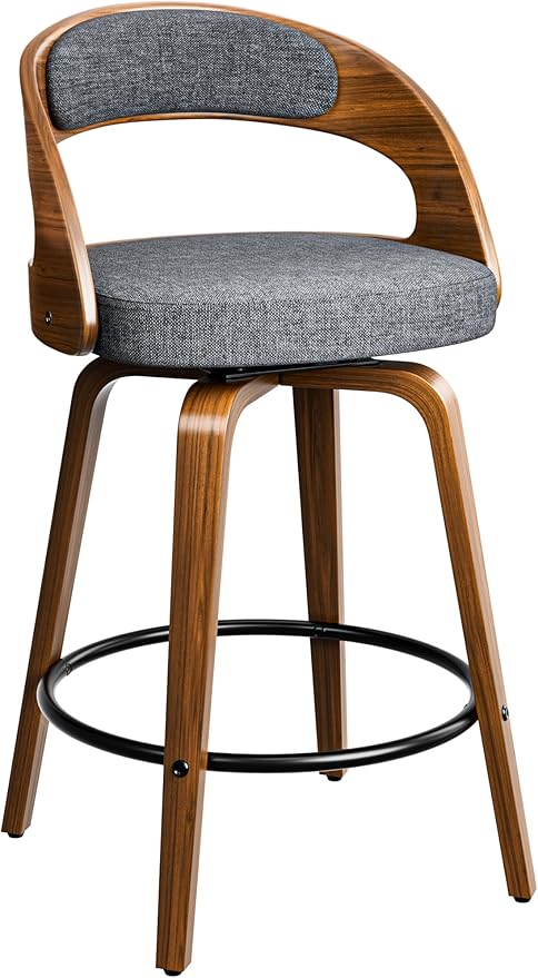 Swivel Bar Stools, 26" Upholstered Linen Fabric Barstools with Bentwood Legs, Mid Century Modern Counter Height Bar Stools with Back for Kitchen Island, Dining Room, Grey