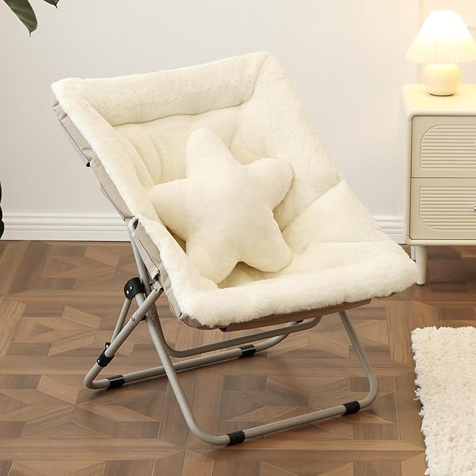 Welnow Comfy Saucer Chair, Oversized Folding Reading Chair for Adults with Throw Pillow Soft Faux Fur Lounge Chair for Bedroom Furry Accent Chair for Living Room, Dorm Rooms, Beige