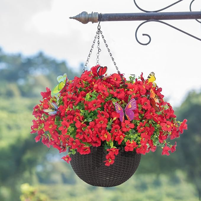 ‌20 Bundles Artificial Flowers for Outdoors‌ with 6 Faux Butterflies, UV Resistant ‌Fake Flowers‌ with Eucalyptus Leaves, ‌Artificial Plants Outdoor‌ for Patio Garden Porch Home Decor (Red)