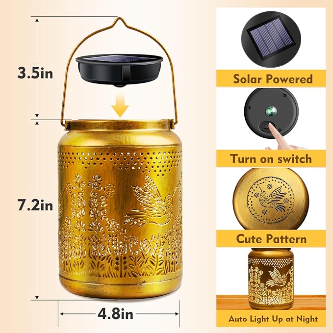 Hyrion 2Pack Hummingbird Solar Lanterns Outdoor Waterproof Metal Hanging Lights, Garden Decor Gifts for Women, Mom, Grandma Solar Decorations for Yard, Patio, Backyard, Porch, Lawn, Tabletop