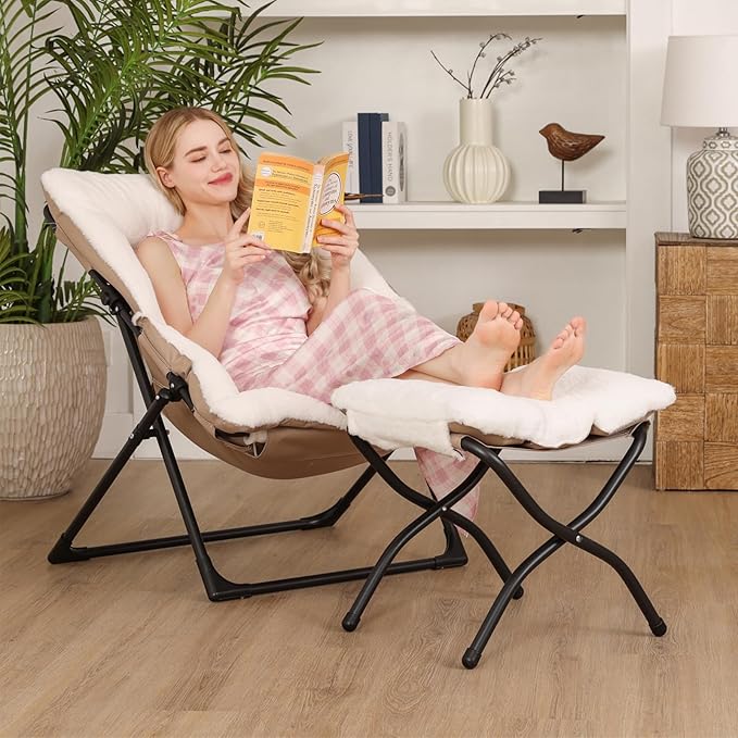 Comfy Saucer Chair for Adults, Soft Faux Fur Bedroom Chair with Ottoman, Accent Dorm Chairs, Living Room Reading Chairs and Footstool, Folding Lounge Seat for Teens, X-Large, White