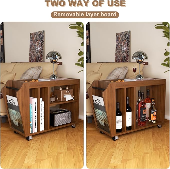 Movable End Table with Brakeable Wheels, Sofa Side Table with Magazine Holder, Removable Layer Board & Storage Compartments - Nightstand, Narrow Side Table, Bedside Table, Living Room, Bedroom (Brown)