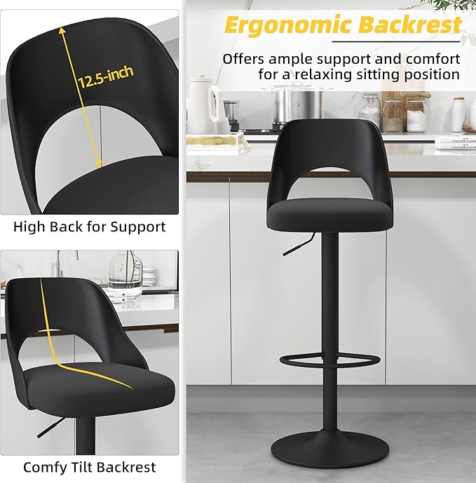 civama Bar Stools Set of 3 for Kitchen Counter, Seat Height Adjustable 25''-33'', Modern Upholstered Swivel Island Chairs with Hollow Backrest Metal Base, Black Cotton Linen Fabric with Black Base