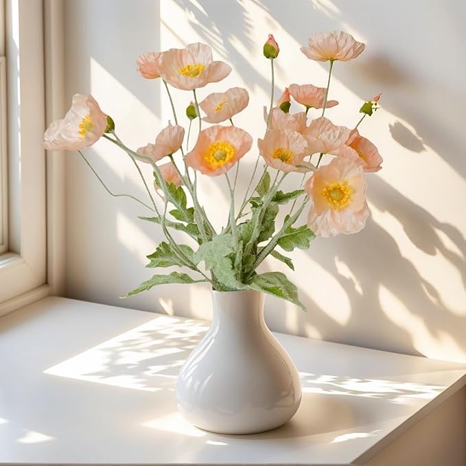 Artificial Poppy Flowers, 5 Bundles Faux Poppies with Stems for Floral Arrangements - Wedding, Home, Office, Party Table Centerpiece Decor (Light Peach)