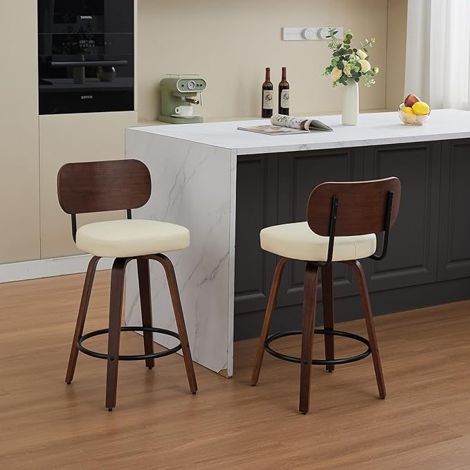 Counter Stools Set of 2, 26 inch Swivel Counter Height Bar Stools with Walnut Back,Upholstered PU Leather, Bentwood Legs, Mid Century Modern Bar Chairs for Kitchen Island, Beige