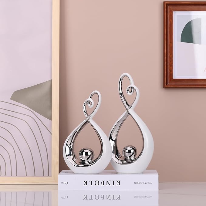 Silver Decor Accent, Porcelain Art Mid Century Modern Silver and Gold Decorations, Dining Table Objects, Abstract Ceramic Statue Sculpture - for Bookshelf Tv Stand Centerpiece Centro De Mesa