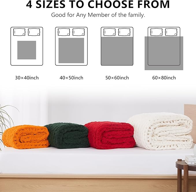 L'AGRATY Chunky Knit Blanket Throw: 50''x60'' Chenille Chunky Knitted Throw Blankets for Bed Couch - Handmade Thick Cable Knit Blanket - Large Crochet Rope Blankets for Home Decor(Olive Green)