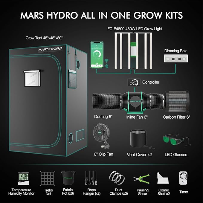 MARS HYDRO 4x4 Smart Grow Tent Kit Complete System,480W FC-E4800 APP WIFI Control Light 2646pcs LED,1680D High Reflective Mylar,with 6inch 32dB,402CFM Adjustable Ventilation Kit,10 Speed Grow Tent Fan