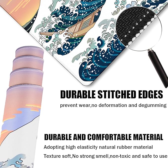 Japanese Large Gaming Mouse Pad with Extended Stitched Edges, (31.5X15.7In) Durable Non-Slip Natural Rubber Base, Waterproof Computer Pad for Esports Pros/Gamer/Office/Home, Sunset Sea