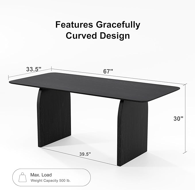 Casaphoria 67" Large Dining Table for 6, Wood Rectangular Living Room Table, Modern Farmhouse Kitchen Table with Scratch-Resistant Top & Wood Pedestal, Easy Assembly and Clean, Black