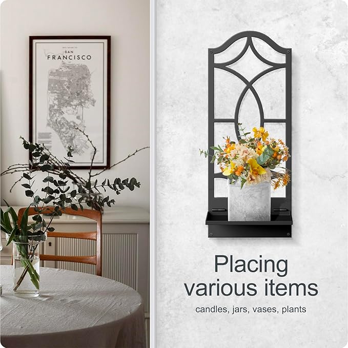 Candle Wall Sconces Set of 2, Black Metal Wall Art Decor for Living Room, Dining Room, Bedroom, Bathroom (16.5 x 7 in)