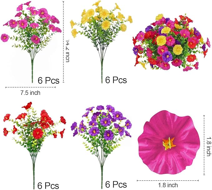 Ouddy Decor 24 Bundles Artificial Flowers for Outdoors Decoration Fake Silk Morning Glory Flowers Faux Eucalyptus Plants UV Resistant for Porch Patio Garden Spring Summer Home Decor, Multicolor