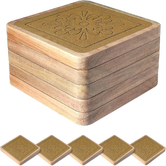 Square Coasters for Drinks, Absorbent Coaster Sets of 5, Wood Drinks Coasters for Coffee Tabletop Protection, Non-Slip, Non-Stick, Suitable for Kinds of Cups Wooden Table Drink, 4.1 Inches Brown