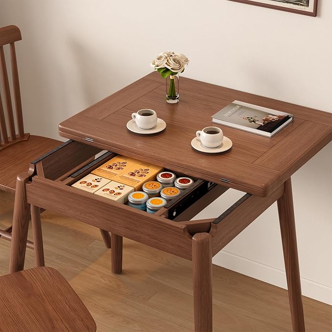 Solid Wood Small Dining Table, 23.6" L-47.2" L Expandable Kitchen Table Designed for Compact Spaces, Easy Assembly, Suitable for Apartment, Kitchen, Dining Room, Living Room (Walnut)