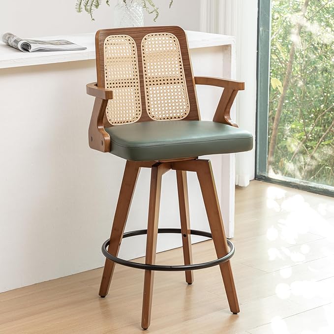 Set of 1 Bar Stool - 27 inch Swivel Rattan bar Stool with Cane Back, Curved Arms, Upholstered Seat, Adjustable Bamboo Legs, Kitchen Bar Chairs for Counter/Kitchen/Island (Walnut Green)