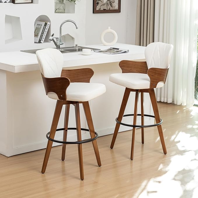 30” Swivel Bar Stools Set of 2,White Faux Leather Bar Height Stools with Armrest and Fishtail-Shaped Back,Mid Century Modern High Barstools,Walnut Bar Chair for Kitchen Island or Home Bar