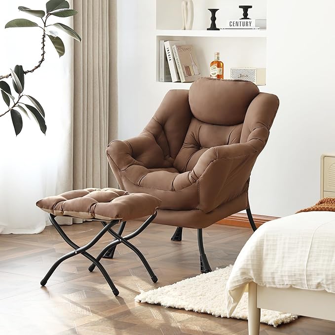 Welnow Lazy Chair with Ottoman, Modern Lounge Accent Armchair with Armrests and a Side Pocket, Leisure Sofa Armchair Set, Reading Chair with Footrest for Small Space, Dark Brown