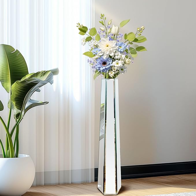 Tall Mirrored Floor Vase: 30.3 High Silver Mirror Vase with Hexagonal Shape, Large Floor-Standing Bling Decor for Living Room Wedding Centerpieces, Won't Hold Water