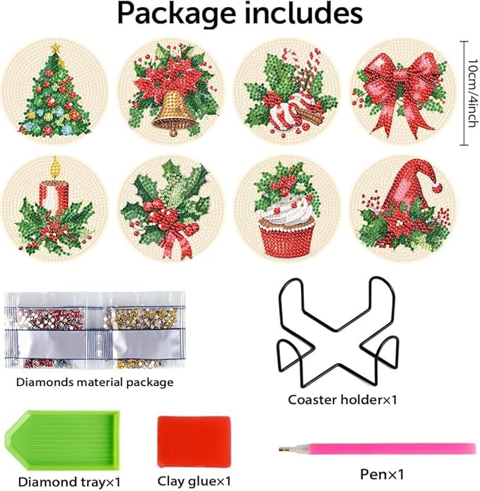 eniref 8 Pcs Christmas Diamond Art Coasters Kits with Holder, Chirstmas Bell Candy Candle Diamond Pinting Coasters Acrylic Cup Coaster with Cork Pads for Tabletop Protection 10×10 CM