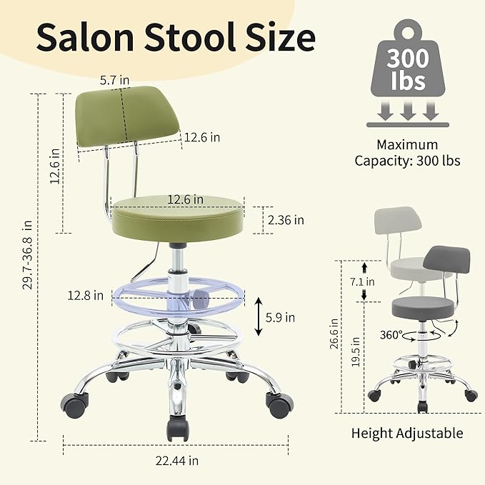 Height Adjustable Stool 19.5"-26.6", Rolling Chair with Back and Footrest, Green Esthetician Stool Ergonomic (Green)
