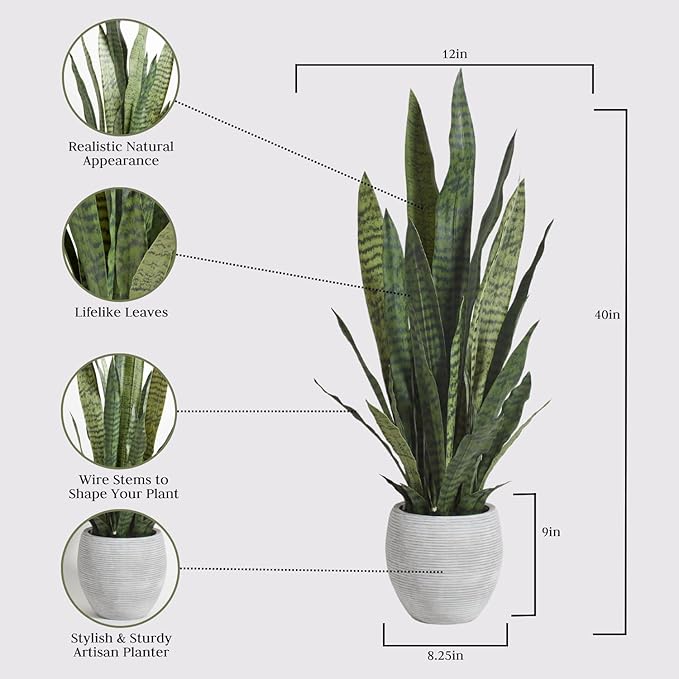 Faux Snake Plant, Premium Artificial Indoor Plant Stands 40” Tall and Enhances Interior Design, Lifelike-Leaves Create Realistic Natural Appearance, Grey Planter Pot Included