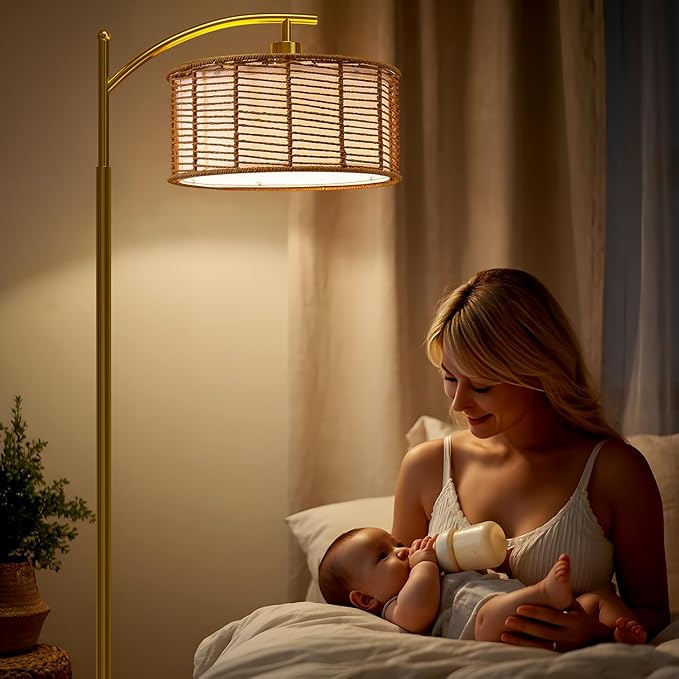 Oneach 62.5'' Gold Arc Floor Lamp for Living Room, Rattan Boho Floor Lamp with Remote and Dimmable Bulb, 3 Color Temperatures, Farmhouse Rustic Modern Standing Lamp for Bedroom Office Corner