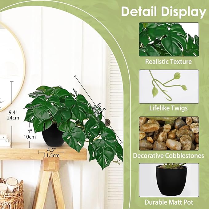 DILATATA Fake Plants Indoor 9 Inch Artificial Monstera Plant in Black Plastic Pot - Faux Potted Tropical Palm Plant for Home Aesthetic Decor Living Room Shelf Office