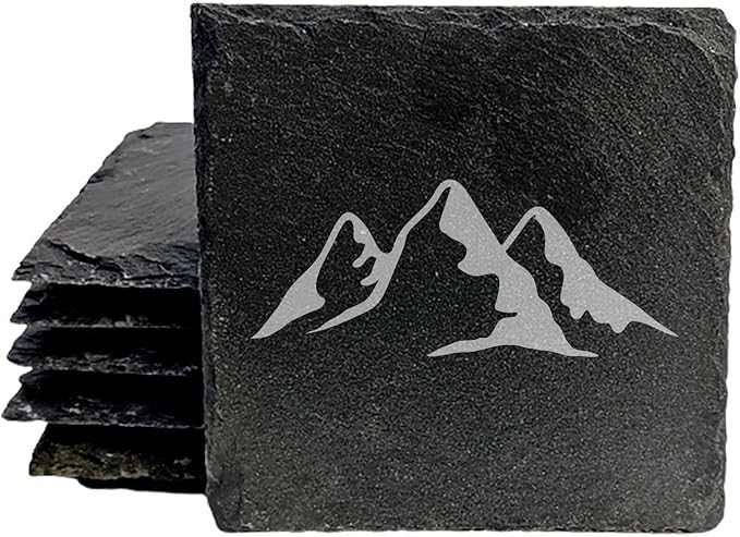 Mountain Majesty Slate Coasters with Stunning Mountain Scene Design - Perfect for Home and Office Decor and Protection of Surfaces, Available in Square or Round Coasters - Square Slate - Set of 8