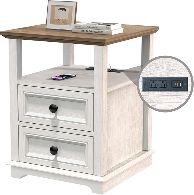 End Table with Fast USB C Charging Station, 18" Wide Tall Sofa Side Table with 2 Drawers, Large Storage Rustic Wood Square Storage Cabinet for Living Room,Bedroom,Office, White
