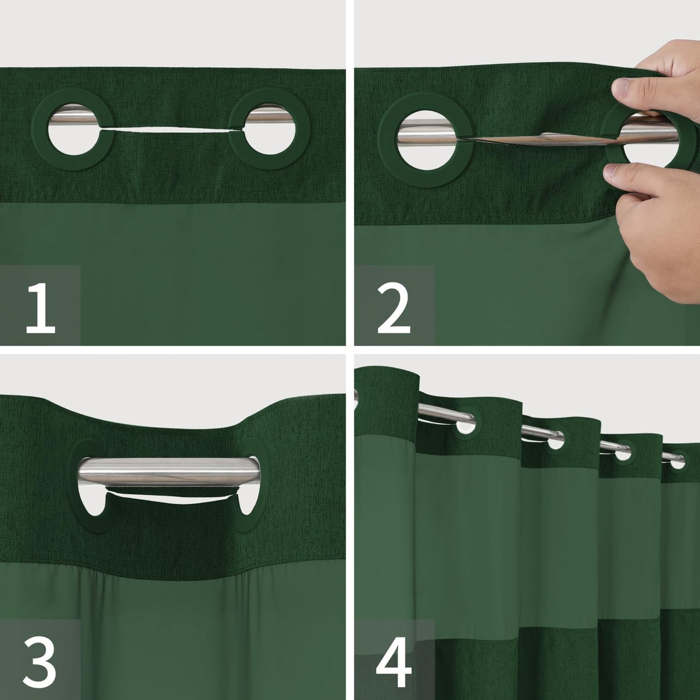 Extra Long No Hooks Needed Linen Textured Shower Curtain with Snap-in Fabric Liner Set,White Hotel Luxury Decor Shower Curtains for Bathroom,Waterproof & Washable,71Wx86H,Emerald Green