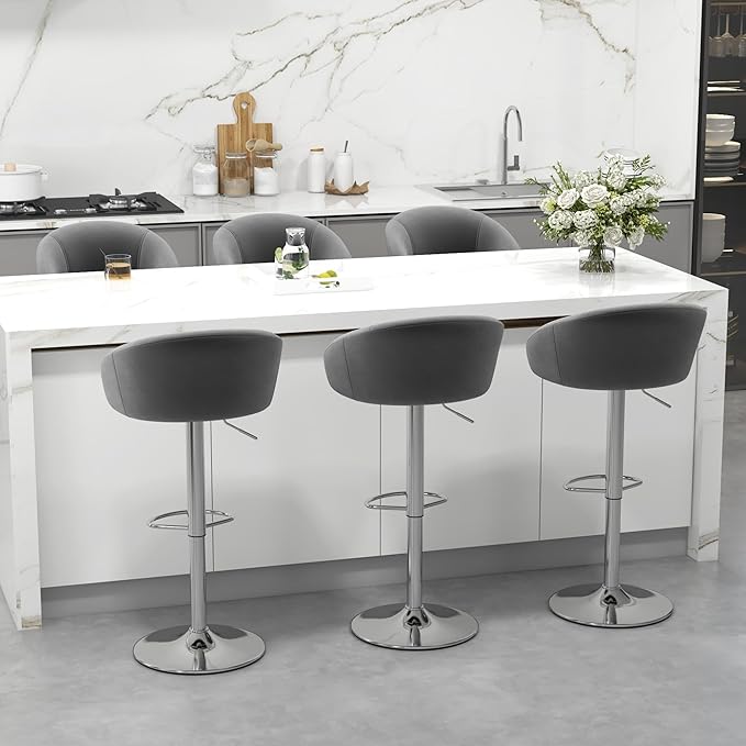 KCC Velvet Bar Stools Set of 4, Counter Height Bar Stools with Low Back, Swivel Barstool for Kitchen Island, Bar Pub (Gray)